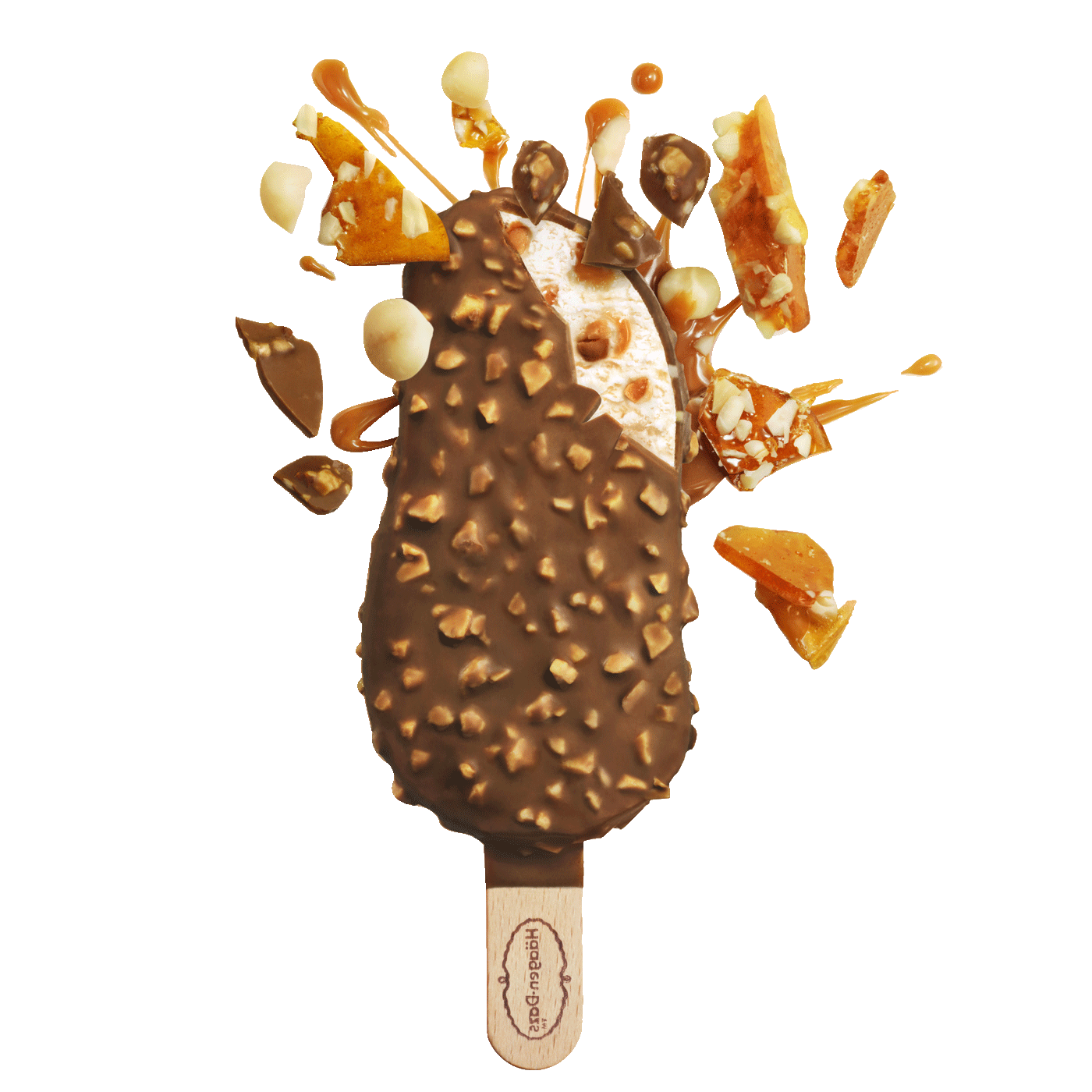 Haagen Dazs macadamia nut brittle stickbar with macadamia nut brittle ingredients surrounding bar