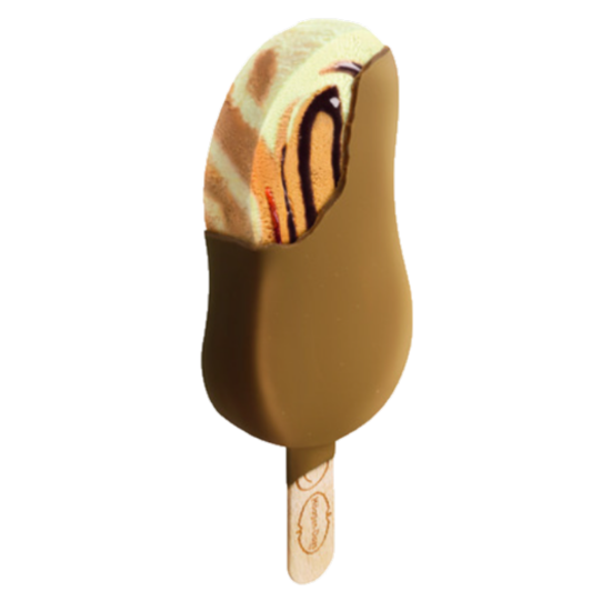 Haagen Dazs Milk tea with brown sugar stickbar with part of the outer shell missing to show the inner bar